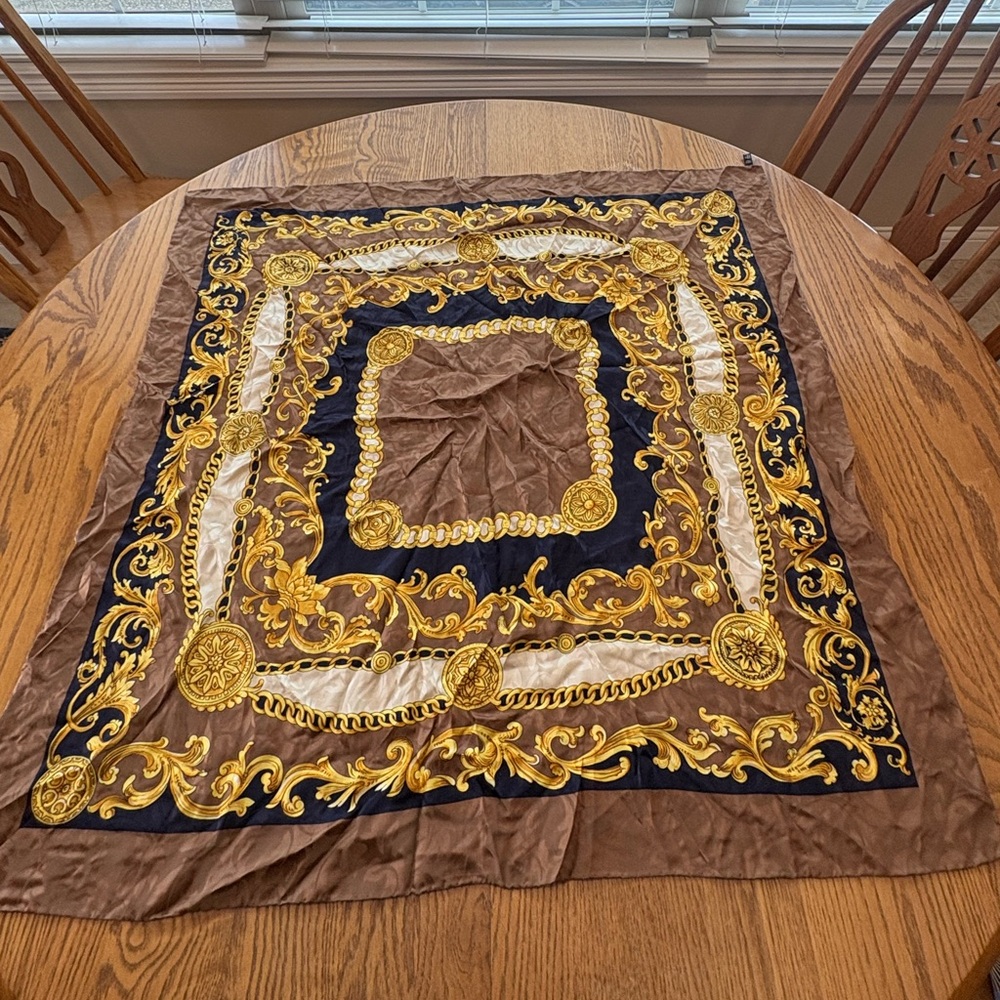 Vintage Baroque Silk Scarf appx 33” Sq Made in Italy Brown Gold Black Chain
